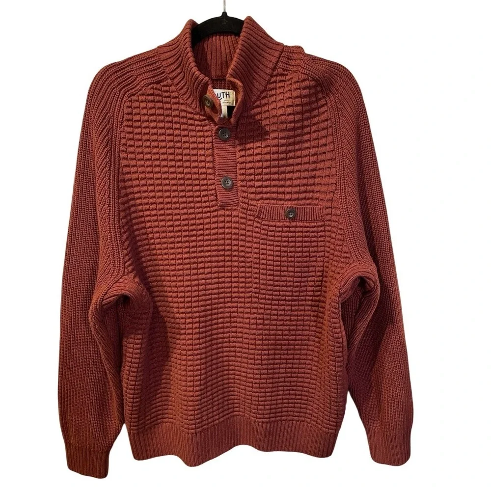 Duluth Trading Co Mens Large‎ Rust Orange Waffle Knit Mock Neck Button Sweater